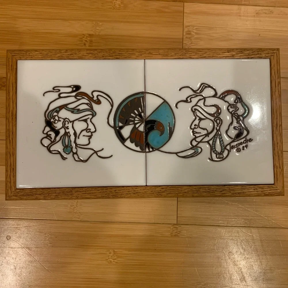 Cleo Teissedre Vintage 1984 Hand Painted Navajo Tiles In Oak Frame